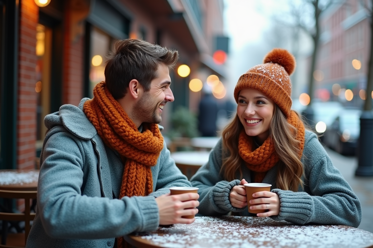 Jeune couple discutant au café en hiver avec tenues bleues et orange