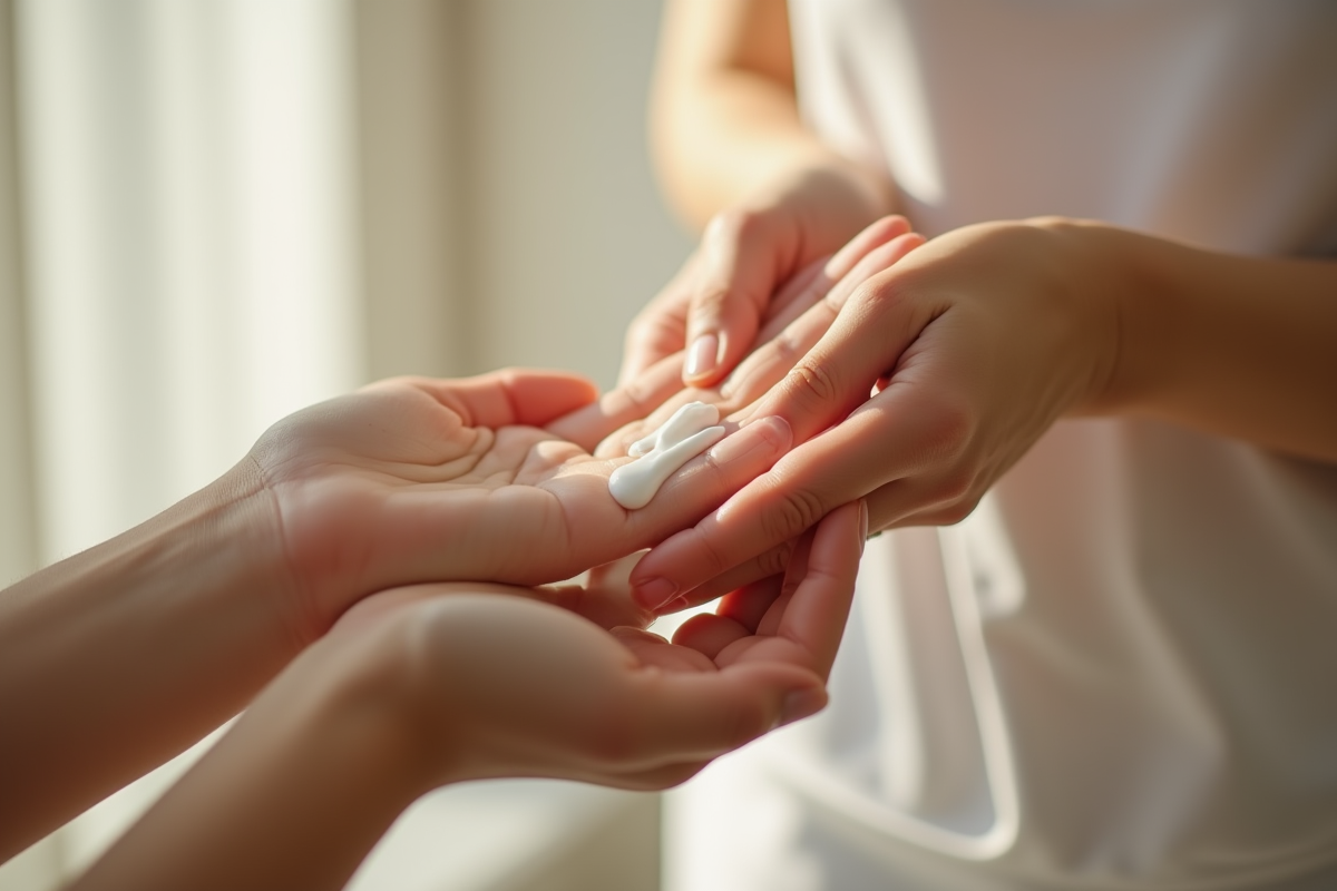Application de creme sur la main en lumiere naturelle