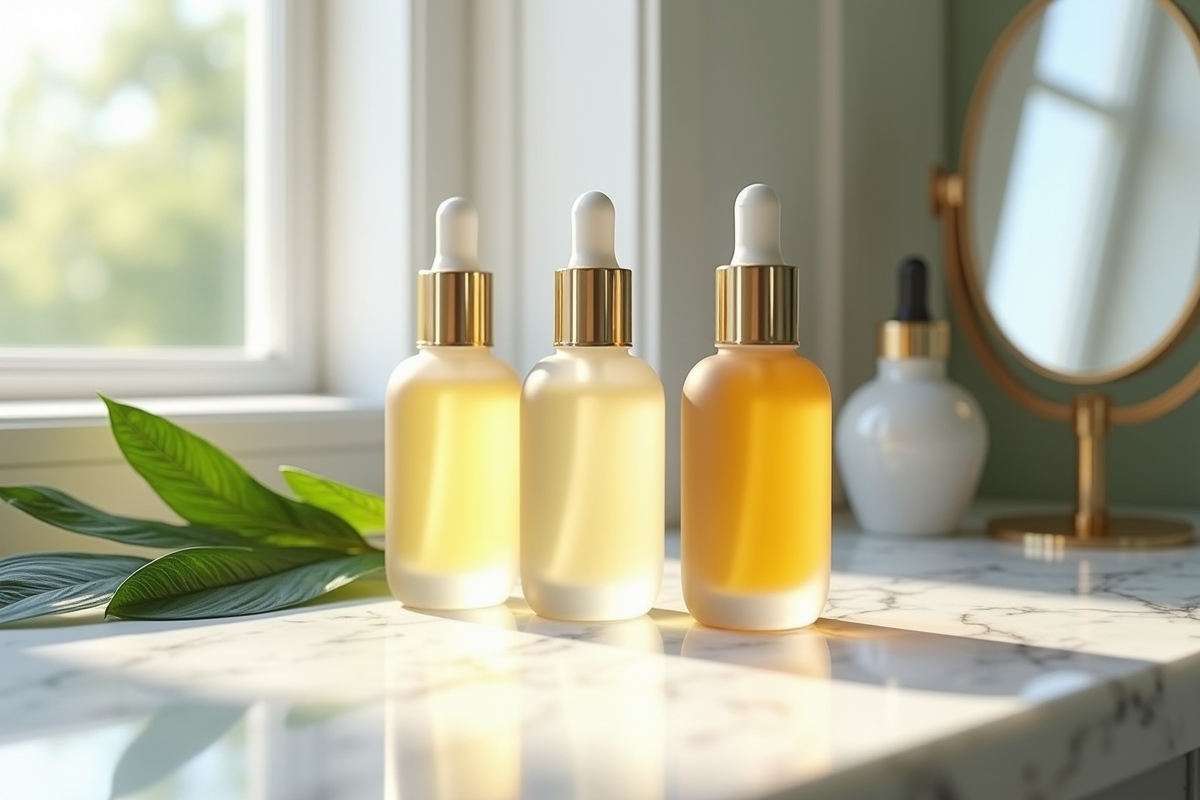 Trois bouteilles de serum sur un comptoir en marbre avec feuilles vertes