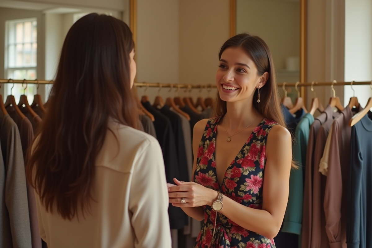 Femme consultante en image montrant des options mode dans une cabine
