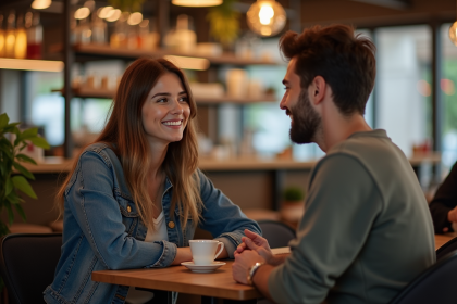 Femme souriante discutant avec un homme dans un caf&eacute; chaleureux