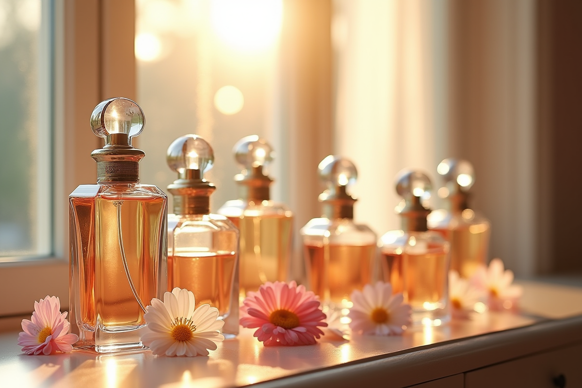 Collection de parfums élégants sur une coiffeuse en lumière