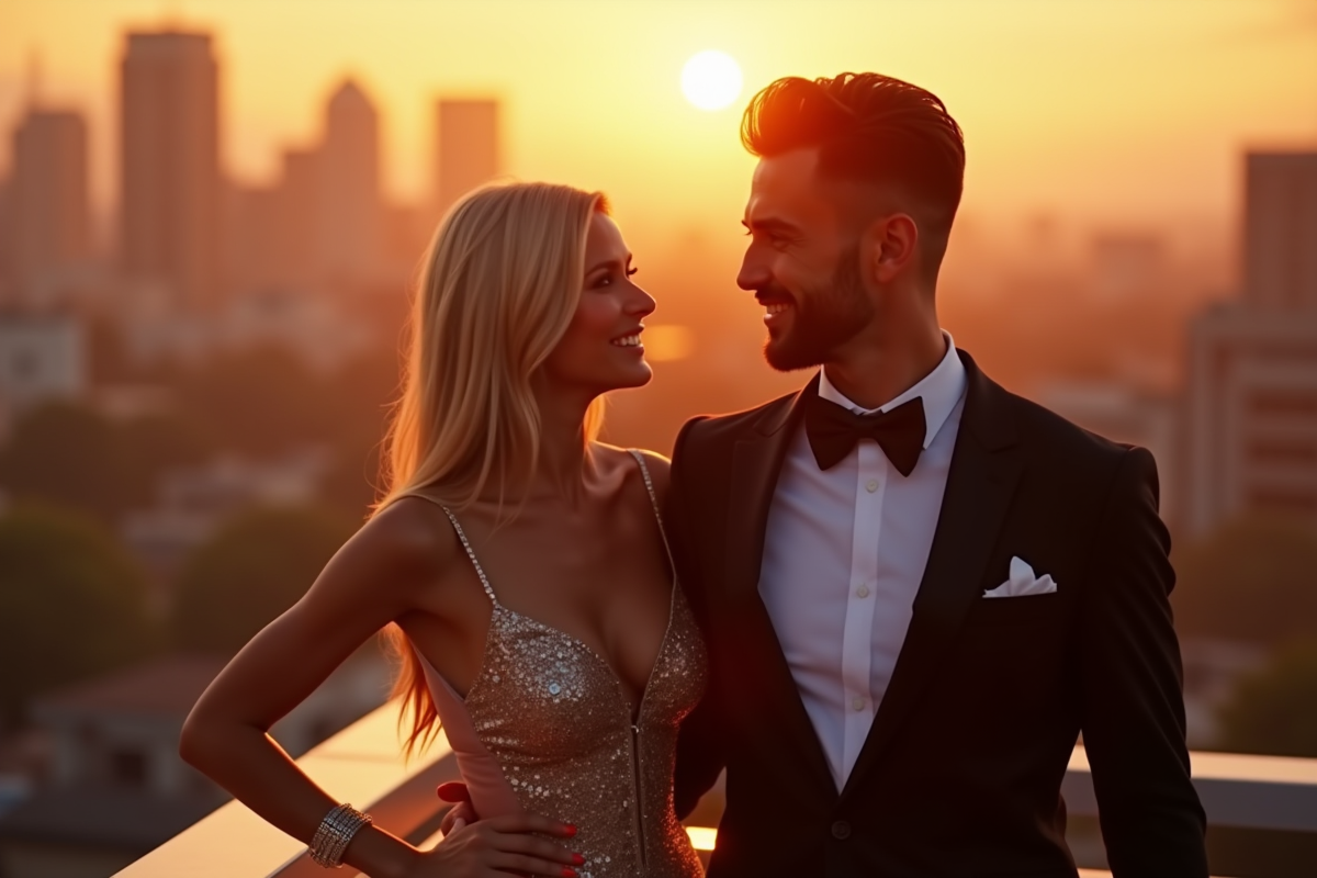 Couple chic arrivant à une soirée sur le toit au coucher du soleil