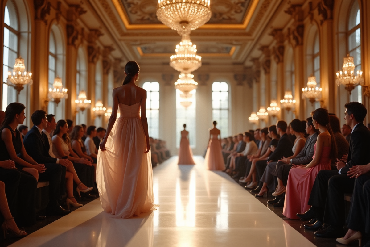 Défilé de haute couture dans un grand hall parisien avec modèles élégants