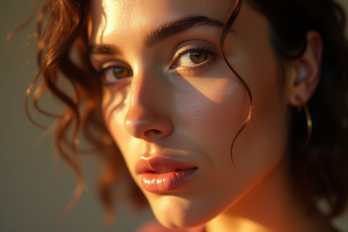 Zoom sur visage avec highlighter lumineux et peau lisse