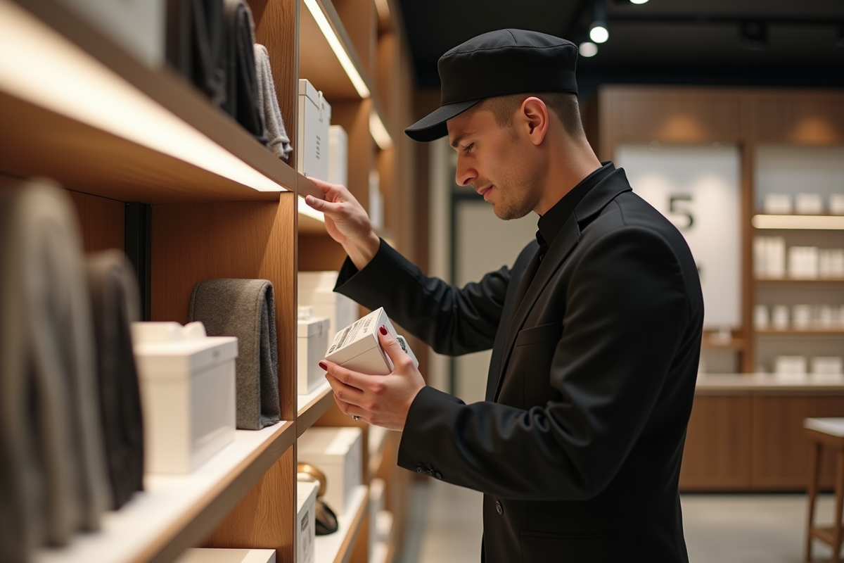 Employe en noir réapprovisionnant les étagères de beauté