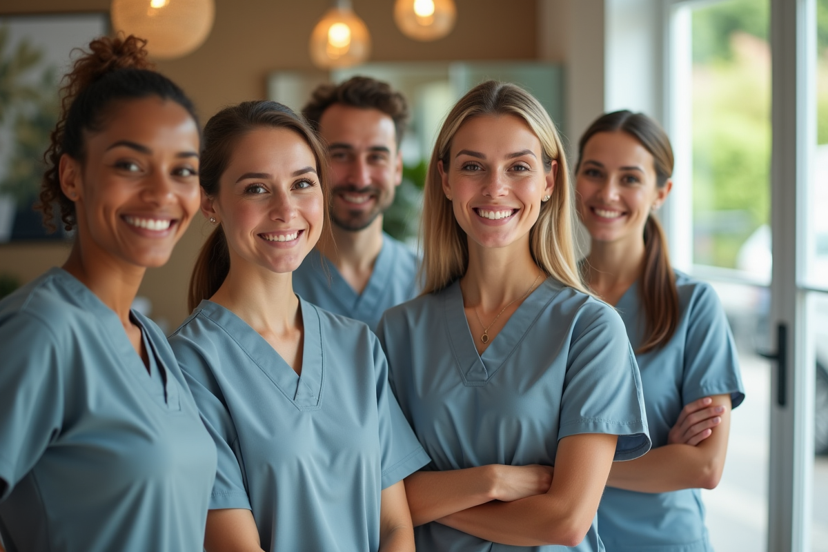 Groupe de masseurs professionnels souriants en réception