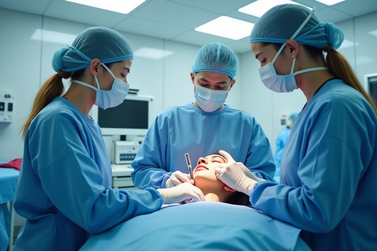 Équipe médicale en salle d'opération moderne pour soins de la peau
