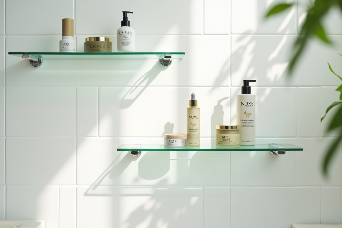 Étagères élégantes dans salle de bain lumineuse avec soins Caudalie et Nuxe