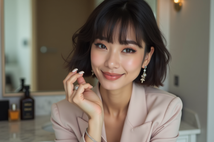 Jeune femme élégante appliquant du blush dans un intérieur moderne