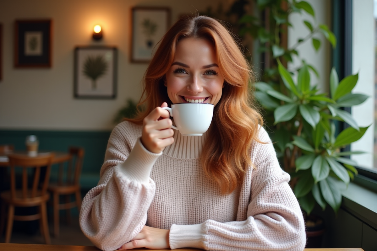 Femme souriante dans un café avec sweater pastel