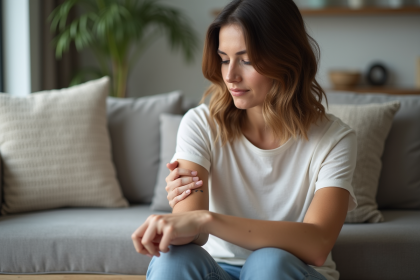 Femme touchant une cicatrice sur son bras dans un salon calme