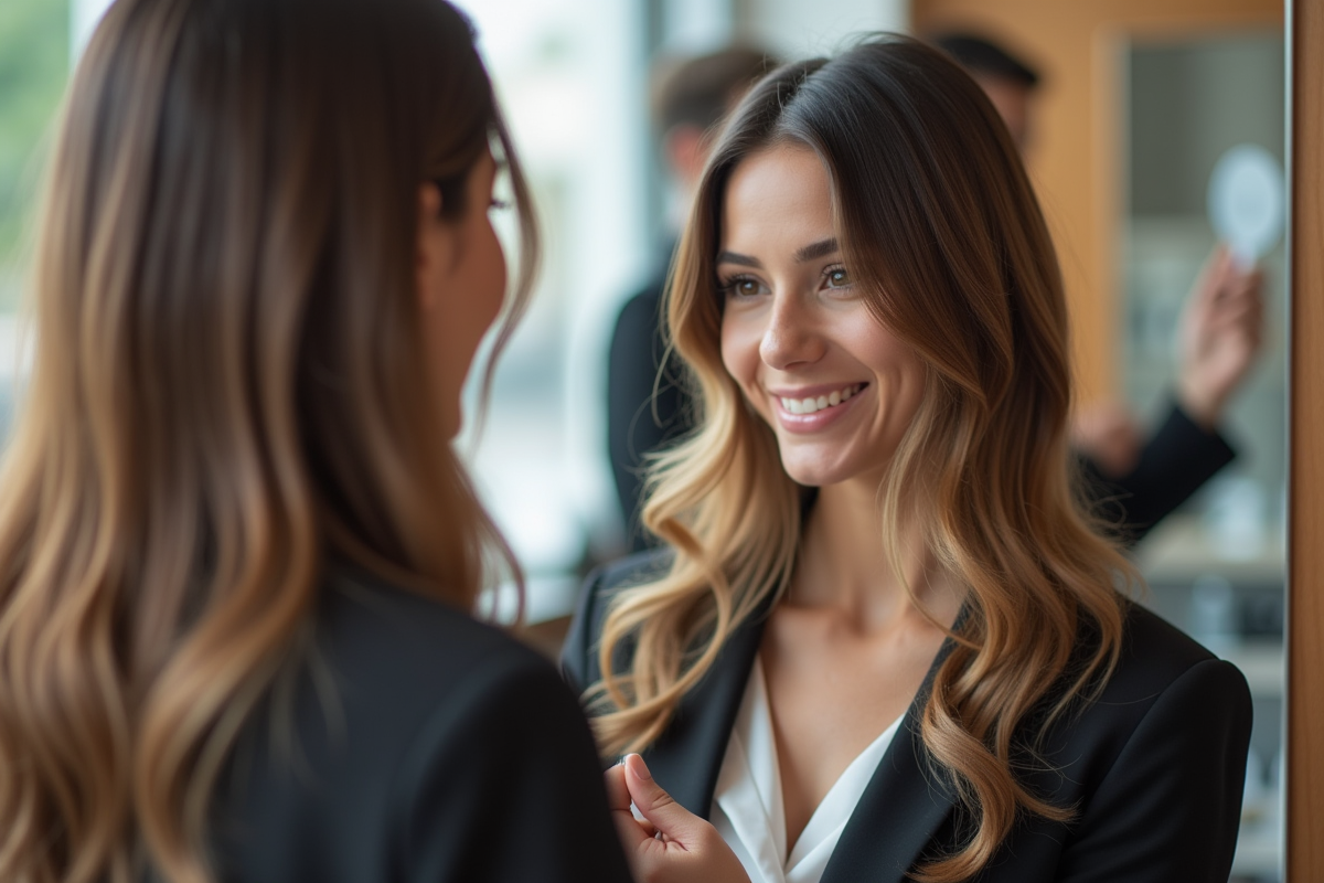 Femme souriante admirant sa coupe dans un miroir de salon