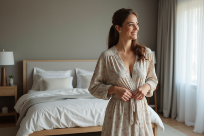 Femme confiante en robe fluide dans une chambre moderne