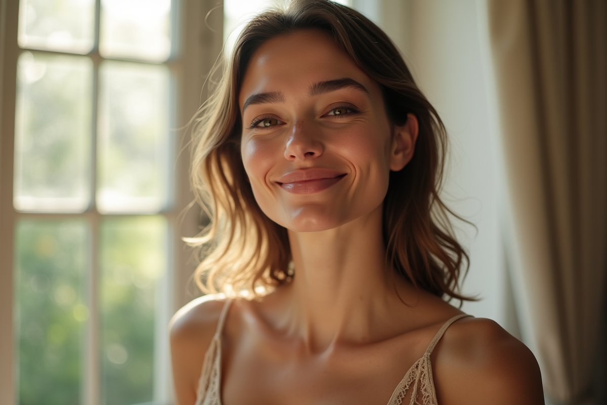 Femme confiante souriant doucement devant une fenêtre ensoleillee