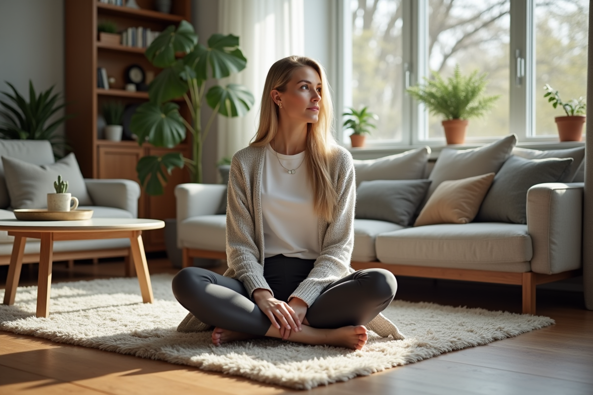 Femme détendue en leggings dans un salon cosy