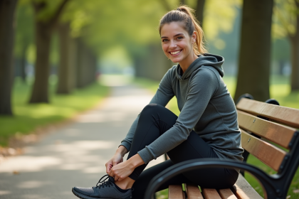 Femme souriante en tenue de sport dans un parc au matin