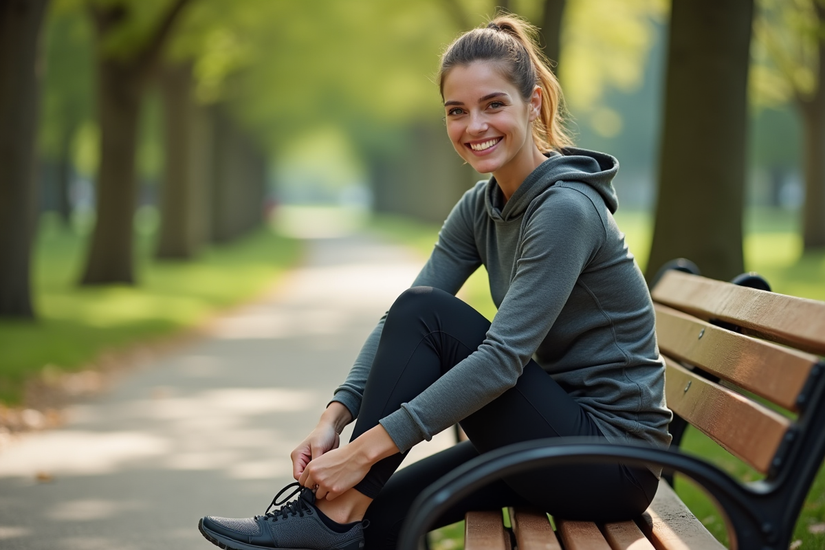 Femme souriante en tenue de sport dans un parc au matin