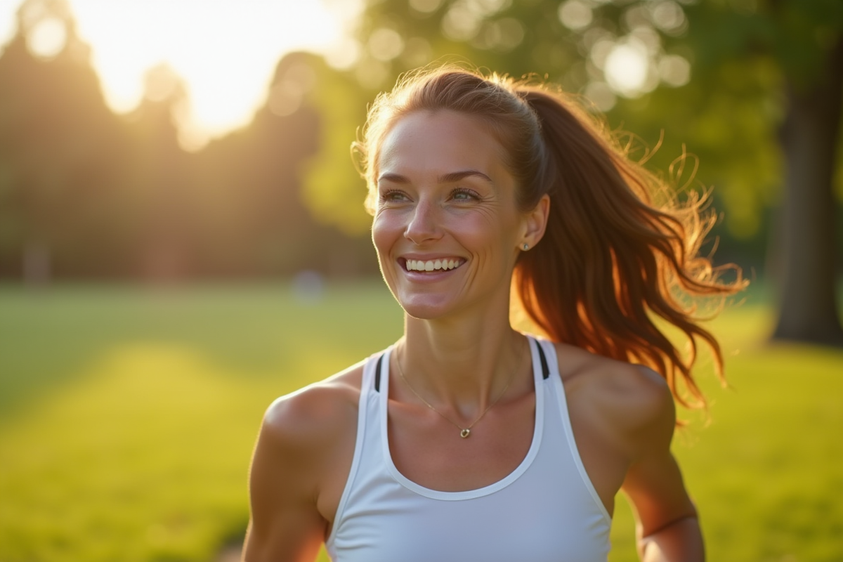 Femme souriante en jogging dans un parc ensoleille