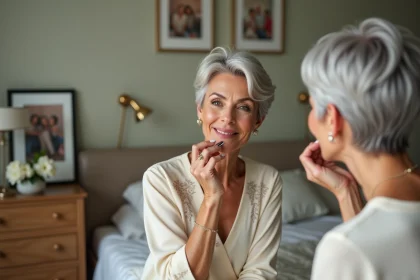 Femme élégante appliquant rouge à lèvres rose en miroir
