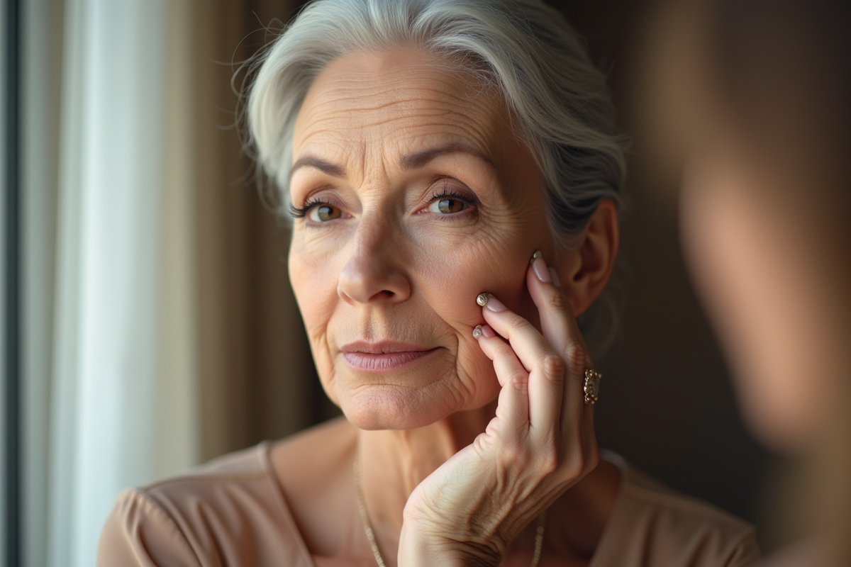 Femme élégante de soixante ans appliquant un maquillage naturel