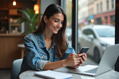 Femme confiante avec smartphone dans un caf&eacute; moderne