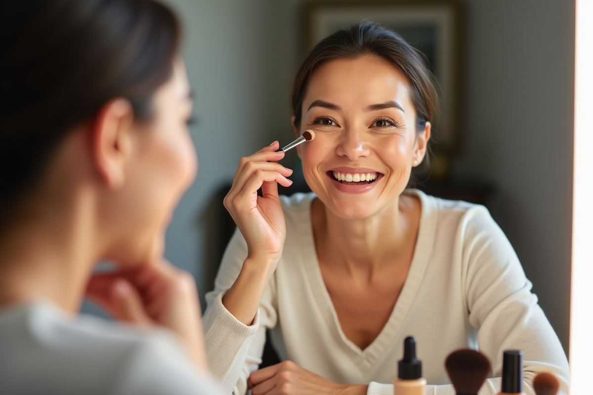 Femme souriante appliquant correcteur sous les yeux