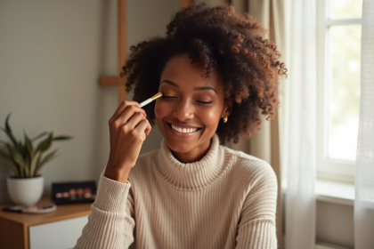Femme appliquant un maquillage bronze sur les yeux