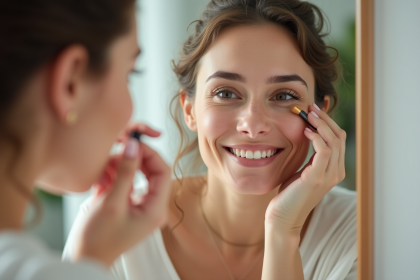 Femme souriante appliquant correcteur sous les yeux