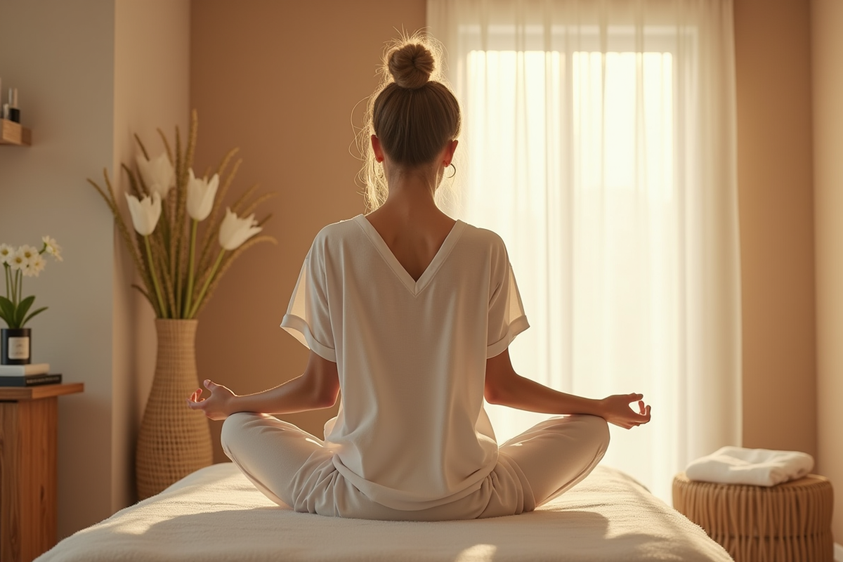 Femme en vêtements coton confortables sur table de massage