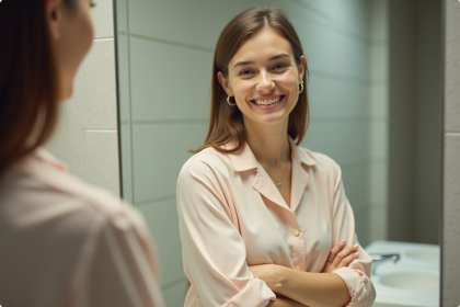 Femme souriante vérifiant son reflet dans un miroir de salle de bain