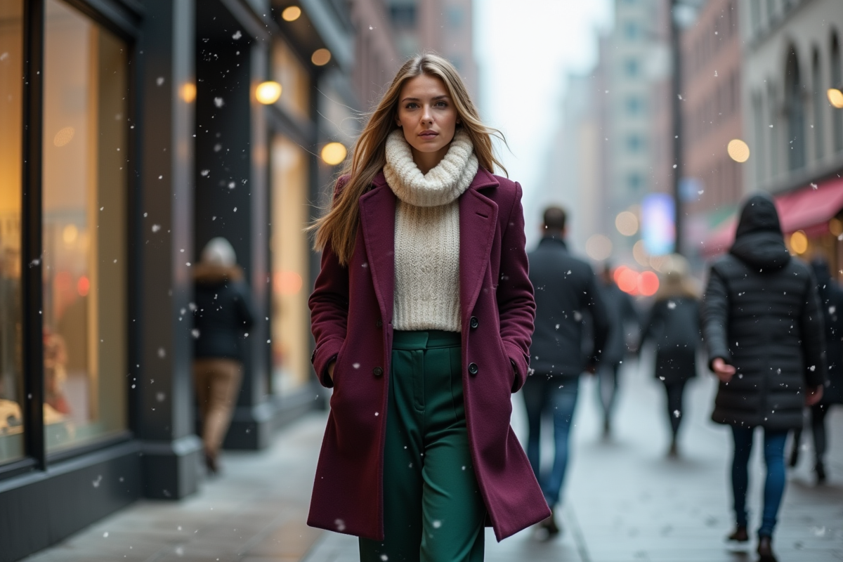 Femme élégante marchant en ville en hiver avec manteau prune et pantalon vert
