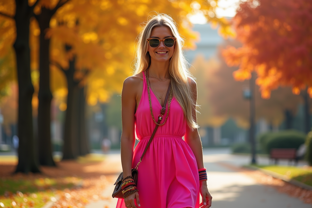 Femme marchant dans un parc automnal en robe rose vif