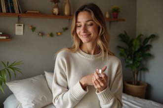 Femme en pull doux appliquant du parfum dans une chambre chaleureuse