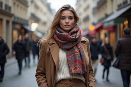 Femme élégante dans une rue parisienne en hiver