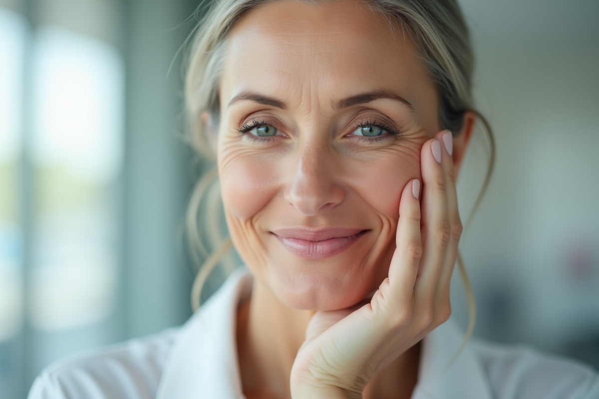Femme mature avec peau radieuse dans une clinique moderne