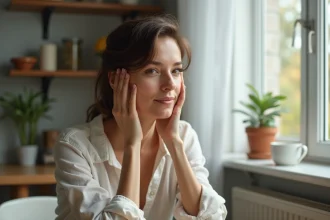 Femme en réflexion dans sa cuisine naturelle et détendue