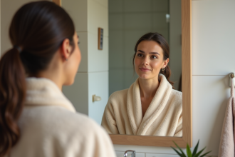 Femme en peignoir beige regardant son reflet dans le miroir