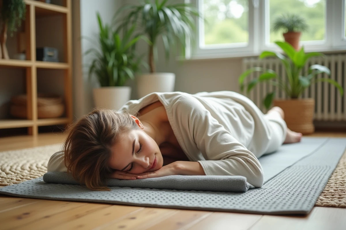 Femme détendue sur un tapis d'acupressure dans un salon cosy
