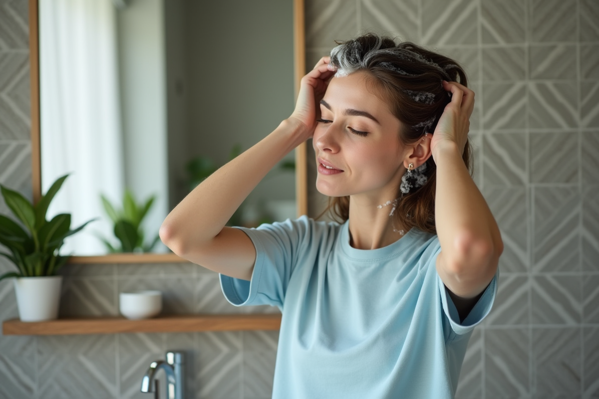 Femme se lavant les cheveux dans une salle de bain moderne