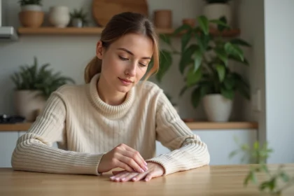 Femme dans sa trentaine examine ses ongles dans une cuisine chaleureuse