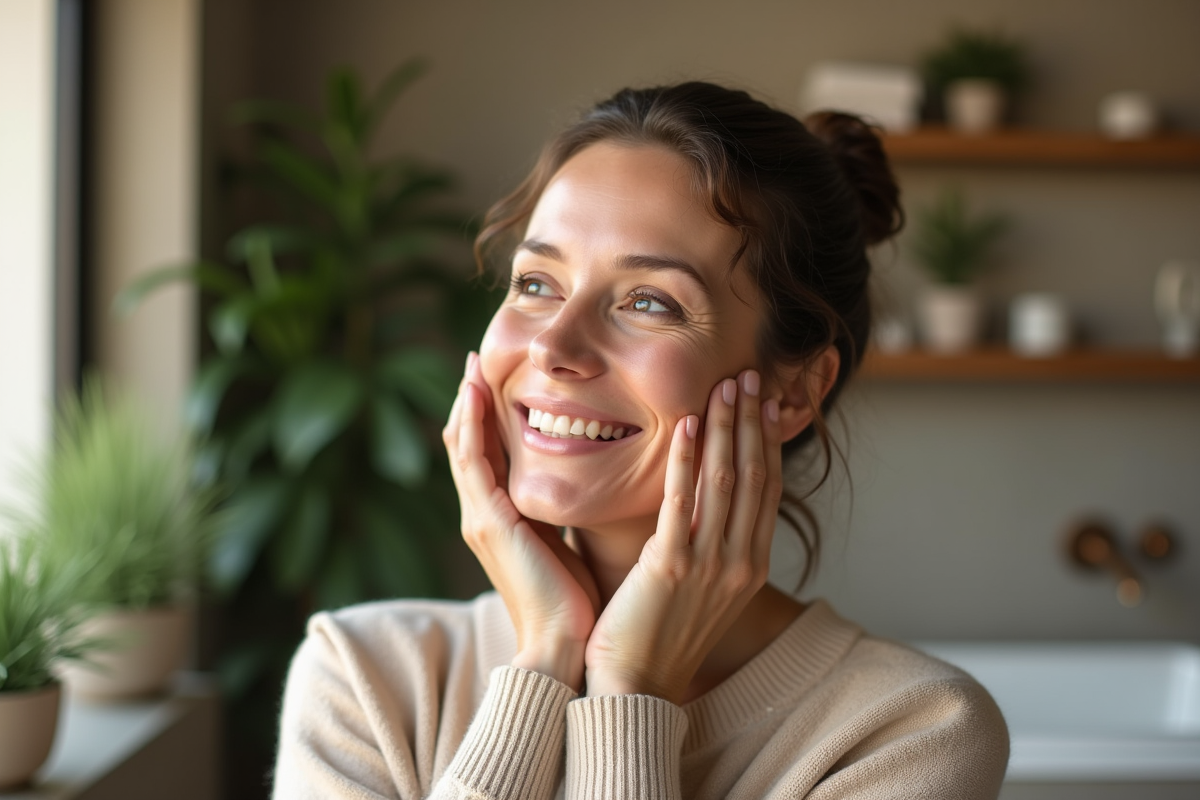 Femme souriante massant son visage dans une salle de bain naturelle