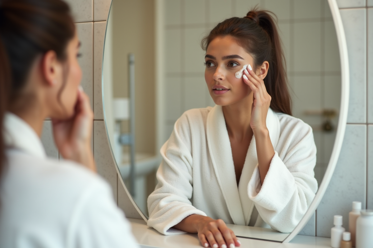 Femme appliquant un gel primer visage dans sa salle de bain