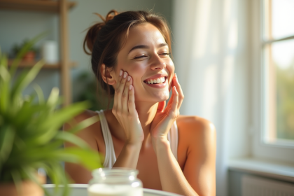 Femme souriante appliquant soin visage naturel dans salle lumineuse
