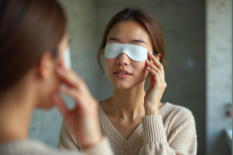 Femme appliquant un patch pour les yeux dans la salle de bain