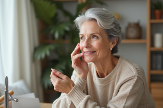 Femme âgée appliquant soin visage dans un cadre calme