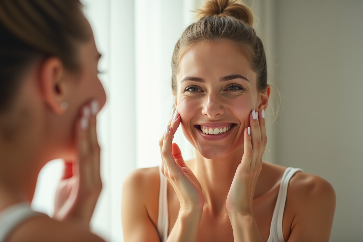 Femme souriante appliquant une creme visage en lumiere naturelle