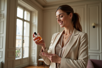 Femme élégante appliquant du parfum dans un intérieur parisien