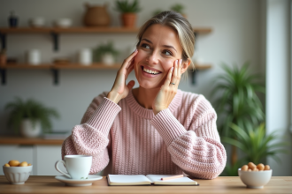 Femme souriante examine son visage avec satisfaction
