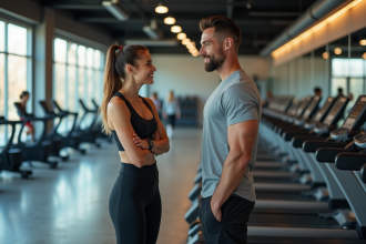 Femme sportive discutant avec un homme musclé dans une salle de sport moderne